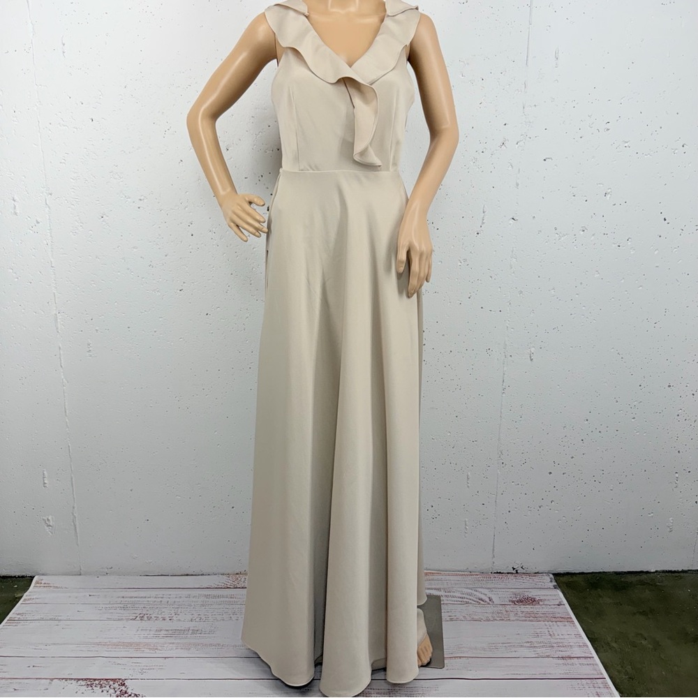 BHLDN Sachin & Babi Size 4 Tansy Satin Oyster Ruffle Lined Maxi Wrap Dress - Picture 2 of 16